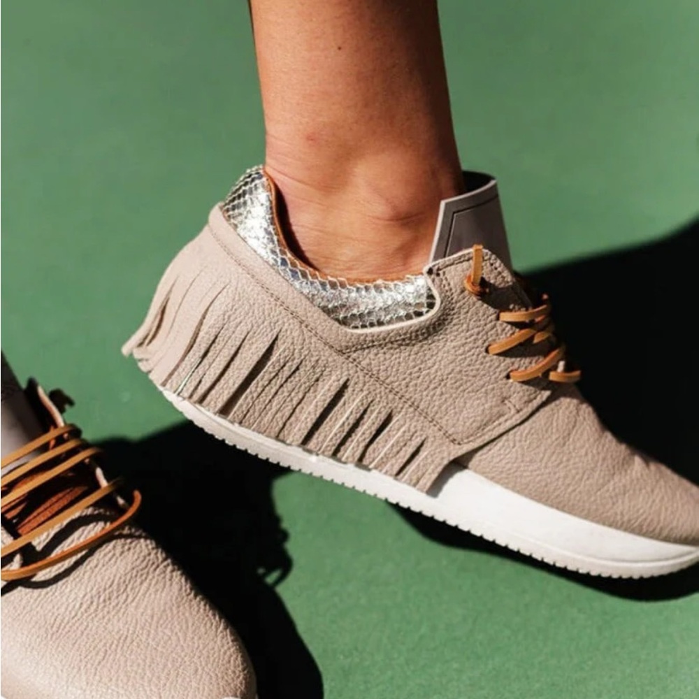 Women's Beige Fringe Leather Sneakers - Casual Chic - Picture 3 of 15